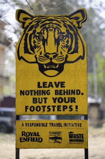 Sign Leave nothing behind but your footsteps, Tiger, Corbett National Park, near Ramnagar, Uttarakhand State, India