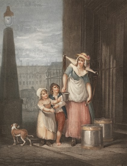 Young woman, milkmaid, distributing milk to two children, England, c. 1790, Painting by Francis Wheatley (1747 - 1801), English painter, Historic, digitally restored reproduction from a 19th century original, Record date not stated