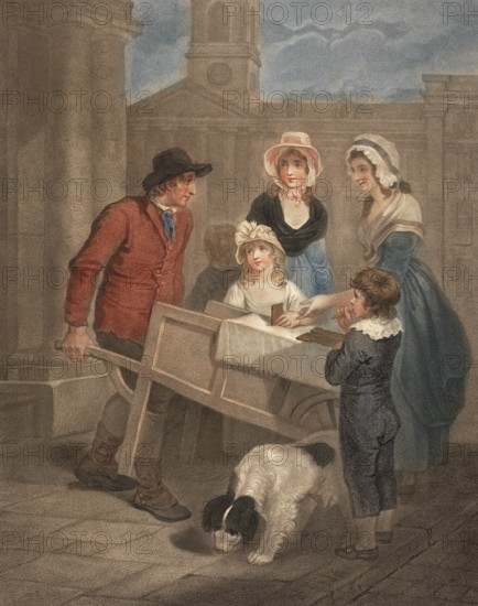 Hot spiced gingerbread is sold by a baker directly from his cart. Two woman and two children tasting the gingerbread, England, c. 1790, Painting by Francis Wheatley (1747 - 1801), English painter, Historical, digitally restored reproduction from a 19th century original, Record date not stated