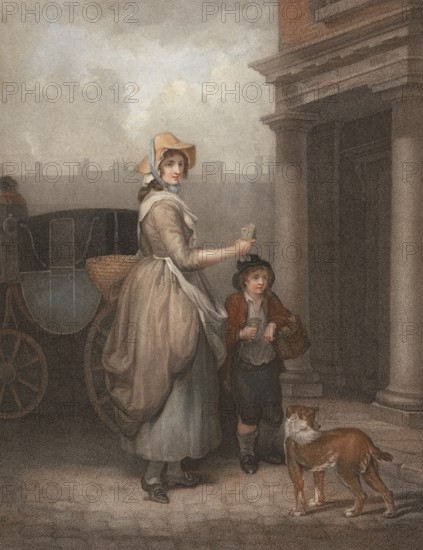 Young woman selling matches, travelling from door to door with her boy and a dog, Matches, England, c. 1790, Painting by Francis Wheatley (1747 - 1801), English painter, Historic, digitally restored reproduction from a 19th century original, Record date not stated