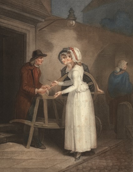 Knives, scissors and razors for grinding, Scissors grinder, Knife grinder with whetstone, two woman bringing scissors for grinding, England, c. 1790, Painting by Francis Wheatley (1747 - 1801), English painter, Historic, digitally restored reproduction from a 19th century original, Record date not stated