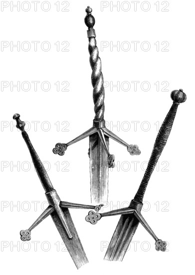 Claymores or late medieval Scottish two-handed longswords, in Warwick Castle, England, from the book The British Army, 1868, Historical, digitally restored reproduction from a 19th century original, Record date not stated