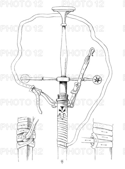 A 15th century sword with scabbard, showing the knotting of the belt, from the book The British Army, 1868, Historical, digitally restored reproduction from a 19th century original, Record date not stated