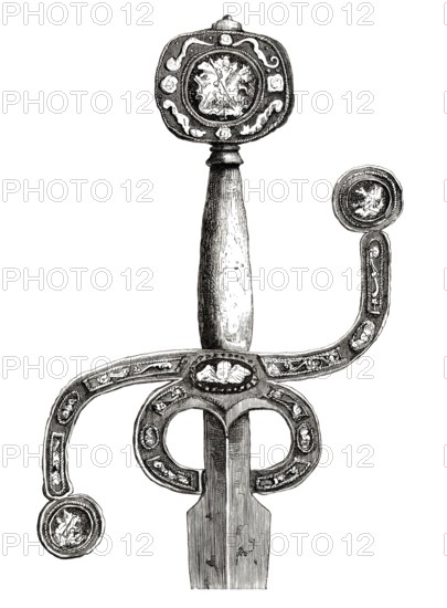 English sword, circa 1580, with very rare flat pommel and curved S-hilt, inlaid with silver. The pommel and the ends of the hilt are inlaid with silver medallions depicting St George and the dragon, from the book The British Army, 1868, Historical, digitally restored reproduction from a 19th century original, Record date not stated