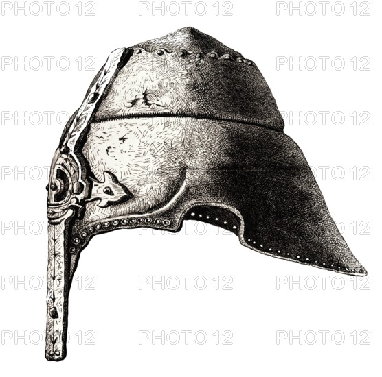 A nasal helmet from the early twelfth century, from the book The British Army, 1868, Historical, digitally restored reproduction from a 19th century original, Record date not stated
