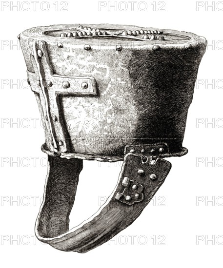 Helmet, from Pomeroy Castle, England, from the 12th century, from the book The British Army, 1868, Historical, digitally restored reproduction from a 19th century model, Record date not stated
