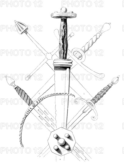 Daggers from the fourteenth and sixteenth centuries from a collection in the Tower of London, from the book The British Army, 1868, Historical, digitally restored reproduction from a 19th century original, Record date not stated