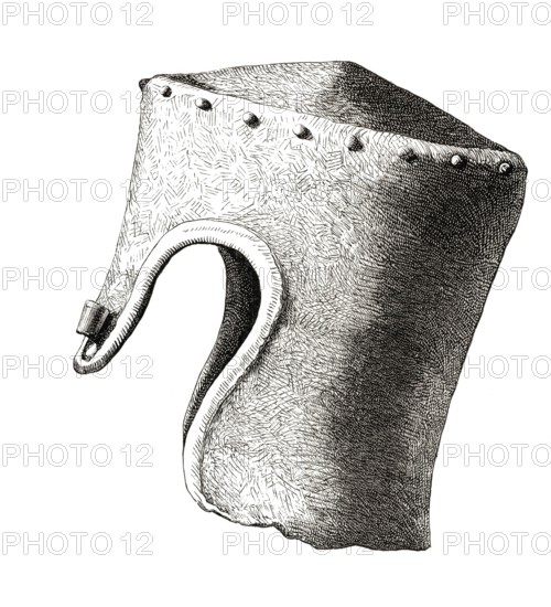 Cylindrical helmet with flat top and nose from the thirteenth century, excavated in Montgomery Castle in 1841, from the book The British Army, 1868, Historical, digitally restored reproduction from a 19th century model, Record date not stated
