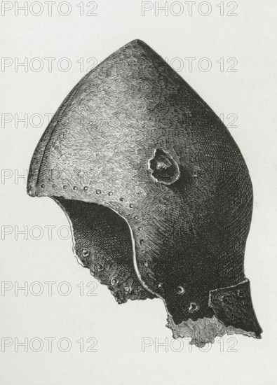 Bassinet with screw cap for the ventail, said to have belonged to Guy Earl of Warwick, around 1460, from the book The British Army, 1868, Historical, digitally restored reproduction from a 19th century original, Record date not stated