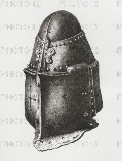 Helmet c. 1350, similar to that of the Black Prince in Canterbury Cathedral, but with the Piéce de Renfort on the left side, from the book The British Army, 1868, Historical, digitally restored reproduction from a 19th century model, Record date not stated