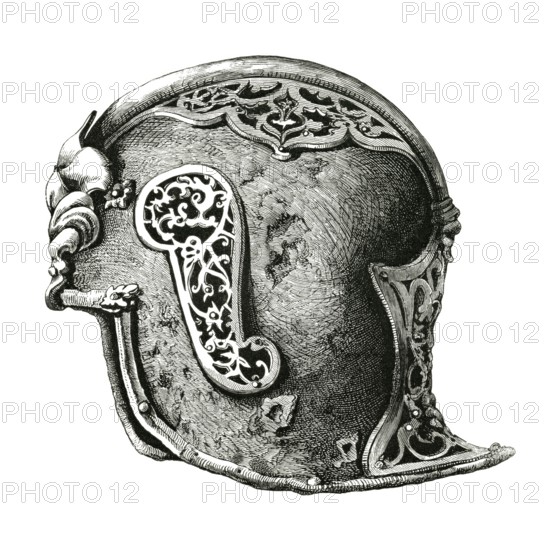 A sallet, also called salade or Schaller war helmet, late medieval helmet type, which originated in the first half of the 15th century from the so-called iron hat 1450 AD, from the book The British Army, 1868, Historical, digitally restored reproduction from a 19th century model, Record date not stated