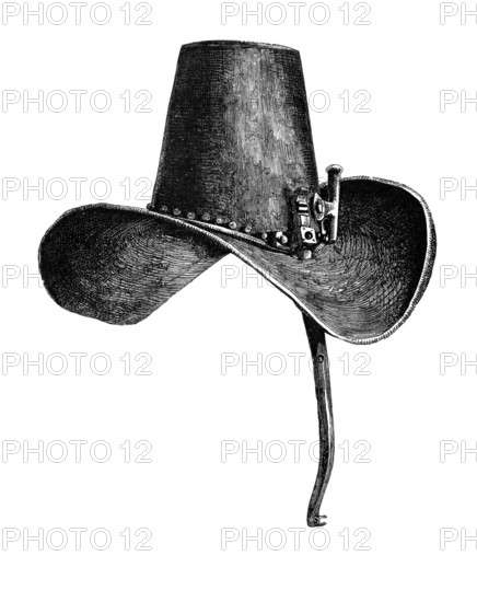 Iron hat with nose guard from the 17th century, worn by Charles I, from the book The British Army, 1868, Historical, digitally restored reproduction from a 19th century model, Record date not stated