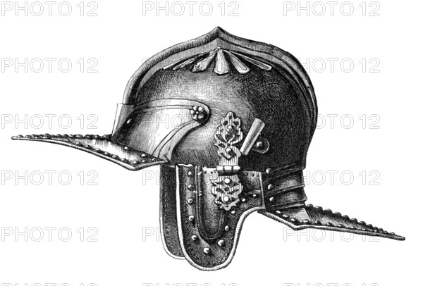 Helmet from the 17th century, said to have belonged to Oliver Cromwell, from the book The British Army, 1868, Historical, digitally restored reproduction from a 19th century original, Record date not stated