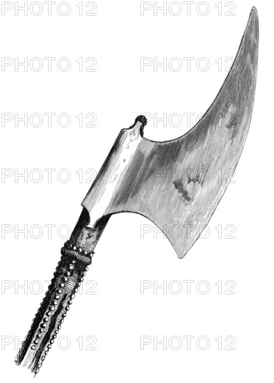 Ceremonial beheading axe from the 16th century, carried by the Master Gaoler of the Tower of London. The staff is studded with brass nails over leather, from the book The British Army, 1868, Historical, digitally restored reproduction from a 19th century original, Record date not stated