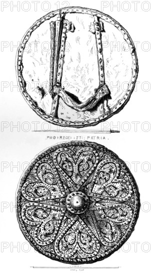 A Highland target or target, a medium-sized shield of the late Middle Ages or early modern period, with spikes, from the book The British Army, 1868, Historical, digitally restored reproduction from a 19th century original, Record date not stated