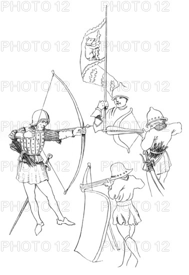 Clockwise from left: an archer, the standard of Richard, Earl of Warwick, a crossbowman and a pavoiser, from the book The British Army, 1868, Historical, digitally restored reproduction from a 19th century original, Record date not stated