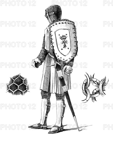 Examples of plate and chain armour from around 1250 AD, from the book The British Army, 1868, Historical, digitally restored reproduction from a 19th century model, Record date not stated