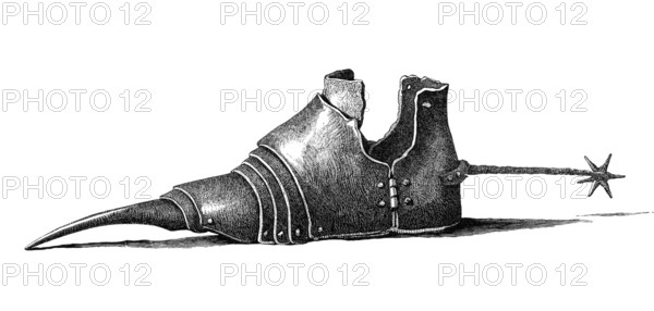 A sabaton, iron shoe or armoured shoe or solleret, from the year 1400 AD, from the book The British Army, 1868, Historical, digitally restored reproduction from a 19th century original, Record date not stated