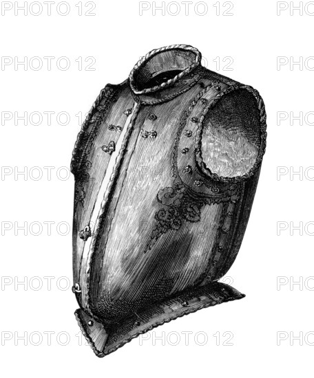 Back and breastplate, front opening, known as a waistcoat breastplate, c. 1580, from the book The British Army, 1868, Historical, digitally restored reproduction from a 19th century original, Record date not stated