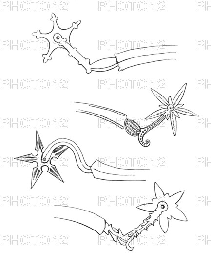 Various spurs from around 1600, from the book The British Army, 1868, Historical, digitally restored reproduction from a 19th century original, Record date not stated