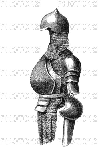 Spherical breastplate with back piece, half brassards and chain, from the first half of the 16th century, from the book The British Army, 1868, Historical, digitally restored reproduction from a 19th century model, Record date not stated