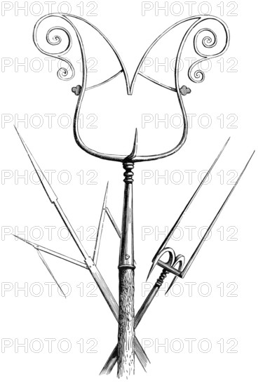 A mast in the centre and military forks on both sides, from the book The British Army, 1868, Historical, digitally restored reproduction from a 19th century original, Record date not stated