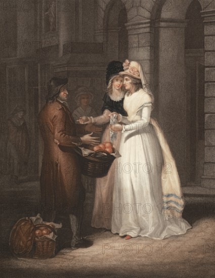 An orange seller offers his fruit to two elegant young ladies, England, c. 1790, Painting by Francis Wheatley (1747 - 1801), English painter, Historic, digitally restored reproduction from a 19th century original, Record date not stated