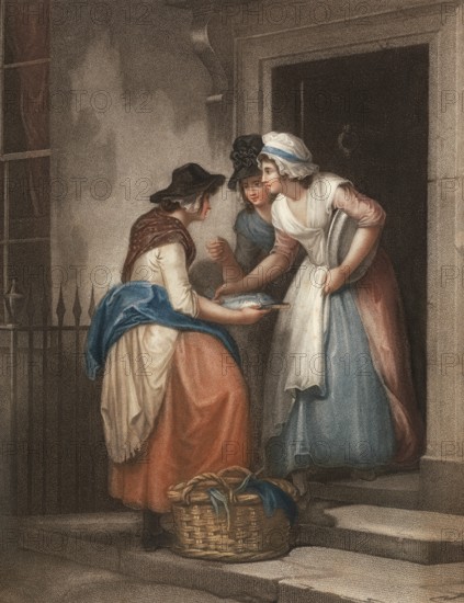 Fresh mackerel, fishmonger offers her wares at the front door, two customers buy the fish, England, c. 1790, Painting by Francis Wheatley (1747 - 1801), English painter, Historic, digitally restored reproduction from a 19th century original, Record date not stated