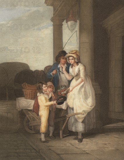 Young woman selling fresh cherries to children and a coachman, Fruit seller, Market, England, c. 1790, Painting by Francis Wheatley (1747 - 1801), English painter, Historic, digitally restored reproduction from a 19th century original, Record date not stated