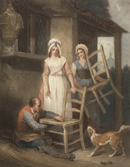 Old chairs to be repaired, chair maker repairs the seat of a chair, a woman brings another chair, England, c. 1790, Painting by Francis Wheatley (1747 - 1801), English painter, Historical, digitally restored reproduction from a 19th century original, Record date not stated