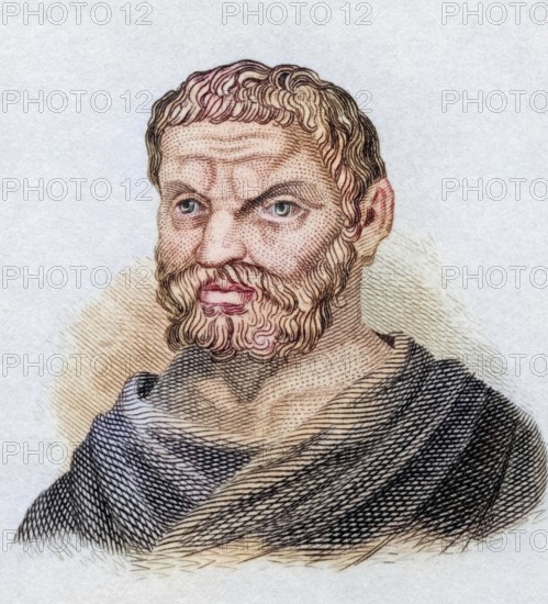 Thales of Miletus (born probably around 624/23 BC in Miletus, died between 548 and 544 BC) was a pre-Socratic natural philosopher, geometer and astronomer of archaic Greece, from the book Crabbe's Historical Dictionary, 1825, Historical, coloured, digitally restored reproduction from a 19th century original, Record date not stated