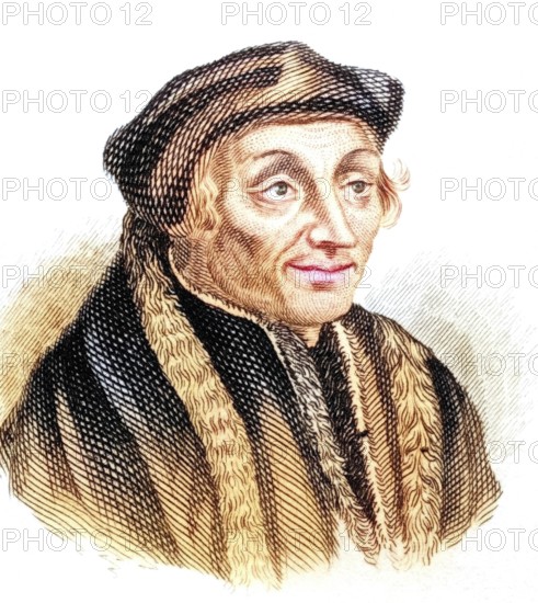Desiderius Erasmus of Rotterdam or just Erasmus (1) (2) (born 28 October 1466/1467/1469 in Rotterdam, died 11/12 July 1536 in Basel) was a Dutch polymath: theologian, philosopher, philologist, priest, author and editor of 444 books and writings, from the book Crabbes Historical Dictionary, 1825, Historical, coloured, digitally restored reproduction from a 19th century original, Record date not stated