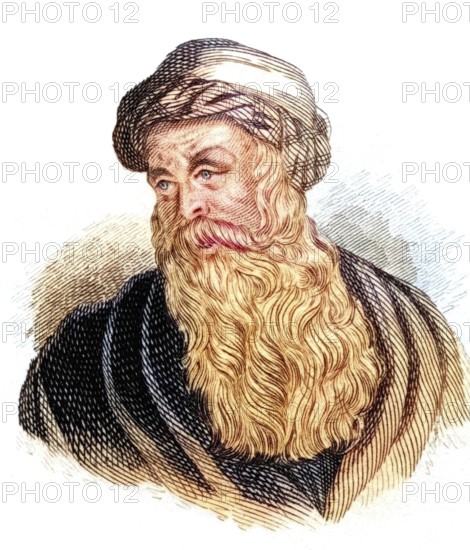 Epiphanios of Salamis, Latin Epiphanius (born around 315 in Besanduk near Eleutheropolis, died 12 April 403) was Bishop of Konstantia, Salamis, on Cyprus, from the book Crabbes Historical Dictionary, 1825, Historical, coloured, digitally restored reproduction from a 19th century original, Record date not stated