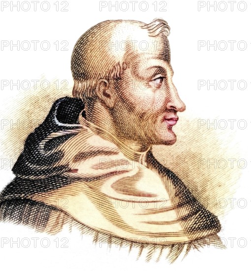 Thomas Aquinas (born shortly in front of or shortly after New Year's Day 1225 at Roccasecca Castle near Aquino in Italy, died 7 March 1274 in Fossanova. March 1274 in Fossanova, also called Thomas Aquinas, the Aquinate (e) or just Thomas, Italian Tommaso d'Aquino) was an Italian Dominican, an influential philosopher and an important Catholic theologian and priest, from the book Crabbe's Historical Dictionary, 1825, Historical, coloured, digitally restored reproduction from a 19th century original, Record date not stated