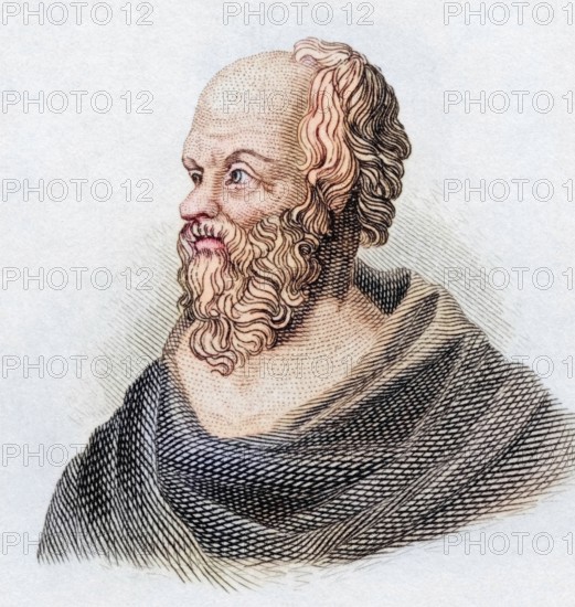 Socrates (born 469 BC in Alopeke, Athens, died 399 BC in Athens) was a Greek philosopher fundamental to Western thought who lived and worked in Athens at the time of the Attic Democracy, from the book Crabbe's Historical Dictionary, 1825, Historical, coloured, digitally restored reproduction from a 19th century original, Record date not stated