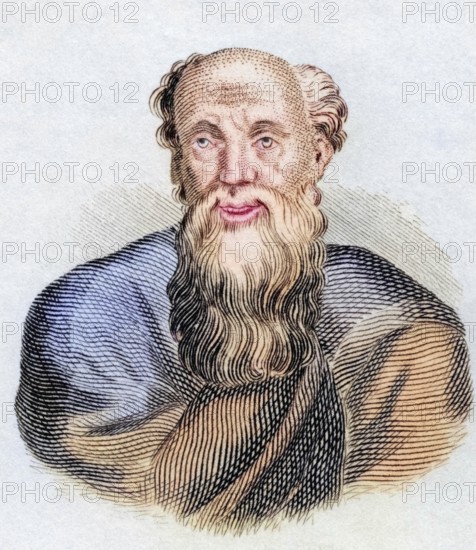 Democritus (born 460 or 459 BC in Abdera in Thrace, died around 370 BC) was an early Greek philosopher, from the book Crabbe's Historical Dictionary, 1825, Historical, coloured, digitally restored reproduction from a 19th century original, Record date not stated