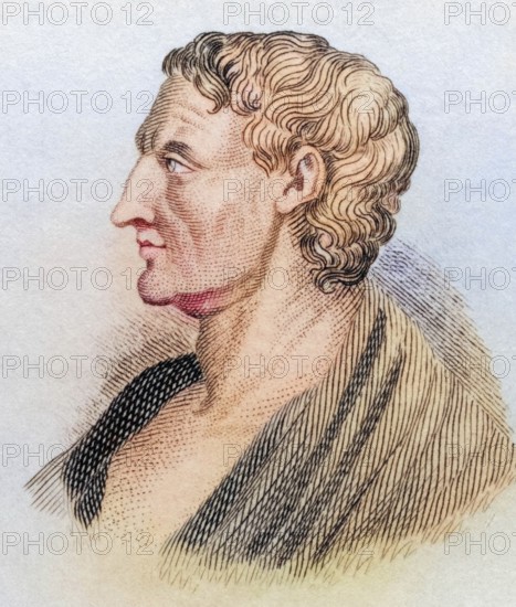 Aristotle (born 384 BC in Stageira, died 322 BC in Chalkis on Euboea) was a Greek polymath. He is one of the most famous and influential philosophers and naturalists in history, from the book Crabbes Historical Dictionary, 1825, Historical, coloured, digitally restored reproduction from a 19th century original, Record date not stated