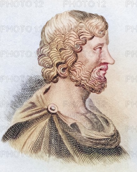 Aristippus of Cyrene (born c. 435 BC in Cyrene, died c. 355 BC) was a Greek ancient philosopher, from the book Crabbe's Historical Dictionary, 1825, Historical, coloured, digitally restored reproduction from a 19th century original, Record date not stated