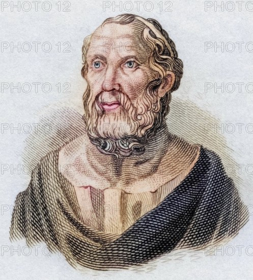 Plato, Plato (born 428/427 BC in Athens or Aigina, died 348/347 BC in Athens) was an ancient Greek philosopher, from the book Crabbe's Historical Dictionary, 1825, Historical, coloured, digitally restored reproduction from a 19th century original, Record date not stated