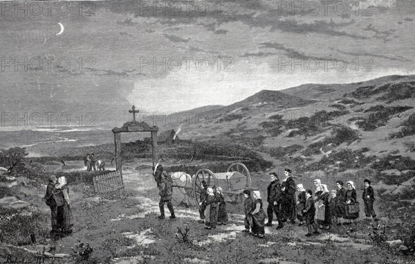 Funeral on Sylt, the coffin is driven to the cemetery in a carriage, the mourners walk behind, 1880, Germany, Historical, digitally restored reproduction from a 19th century original, Record date not stated