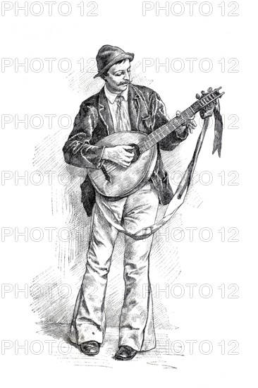 Types of small crooks, dodgy person, Pülcher, from Vienna around 1880, mandolin player, Historical, digitally restored reproduction from a 19th century original, Record date not stated