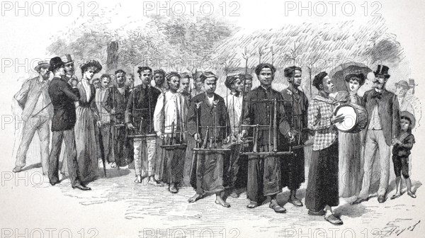 A music band from Jave on the way to pick up the dancers, 1880, Historical, digitally restored reproduction from a 19th century original, Record date not stated
