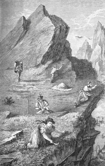 Alpine farmers mowing grass, Alps, Tyrol, around 1880, Austria, Historical, digitally restored reproduction from a 19th century original, Record date not stated