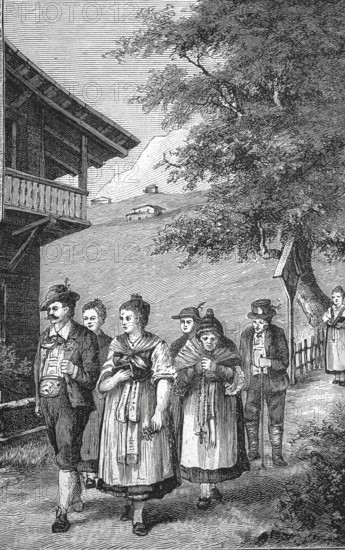 Alpine farmers on their way to Sunday worship in their home village, Alps, Tyrol, around 1880, Austria, Historical, digitally restored reproduction from a 19th century original, Record date not stated