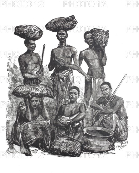 Natives carrying loads, from the Lower Congo region, c. 1880, Africa, Historical, Digitally restored reproduction from a 19th century original, Record date not stated