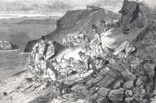 Foxhunt at Cornwell, 1880, Excavation of the den of a cliff fox, England, Historical, digitally restored reproduction from a 19th century original, Record date not stated