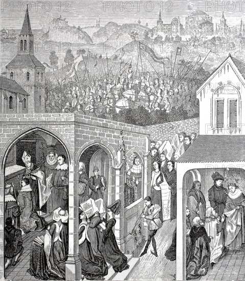 The coronation of Philip August in Reims in 1179, wood engraving after a miniature in the Library of Burgundy in Brussels, Philip II, Philippe Auguste, born 21 August 1165, died 21 July 1223, was King of France from 1180 to 1223. August, Philippe Auguste, born 21 August 1165, died 14 July 1223, was King of France from 1180 to 1223 and descended from the Capetian dynasty, Historical, digitally restored reproduction from a 19th century original, Record date not stated