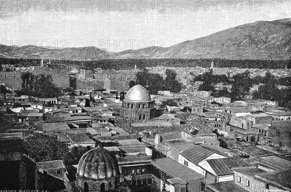 Old town of Damascus with nearby mountains, UNESCO World Heritage Site, mosques, minarets, Syria, historical illustration 1896