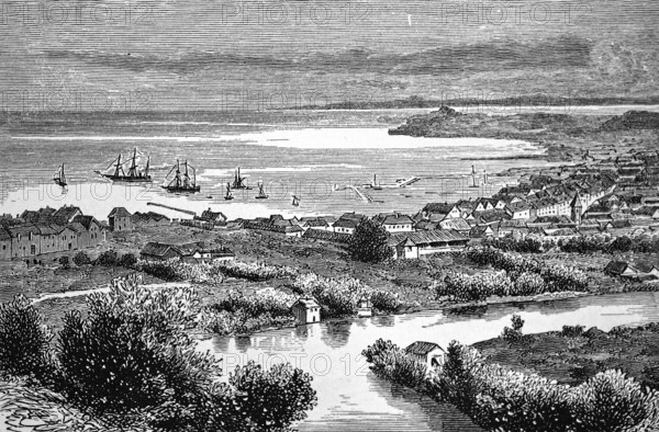 Trondheim on the fjord and river Nidelva, tall ship in roadstead, street with houses by the sea, natural landscape, Trøndelag province, Norway, historical illustration 1896