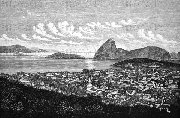 Cityscape of Rio de Janeiro, church, houses, green areas, Guanabara Bay, water and mountain landscape, Atlantic Ocean, Brazil, historical illustration 1896